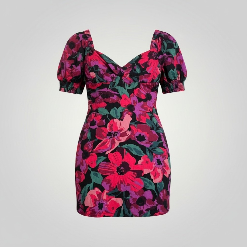 Reitmans Floral Mini Dress Women Large Pink Linen Puff Sleeve Romantic Cottage